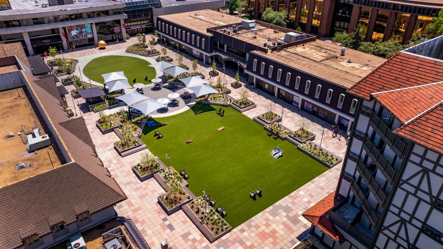 Artificial grass courtyard drone shot from SYNLawn